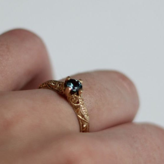 14k Yellow Hand-Engraved Engagement Ring with 0.30ct Teal Sapphire
