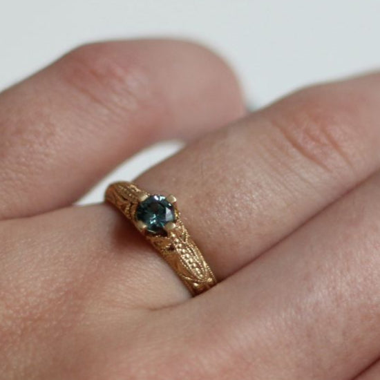 14k Yellow Hand-Engraved Engagement Ring with 0.30ct Teal Sapphire