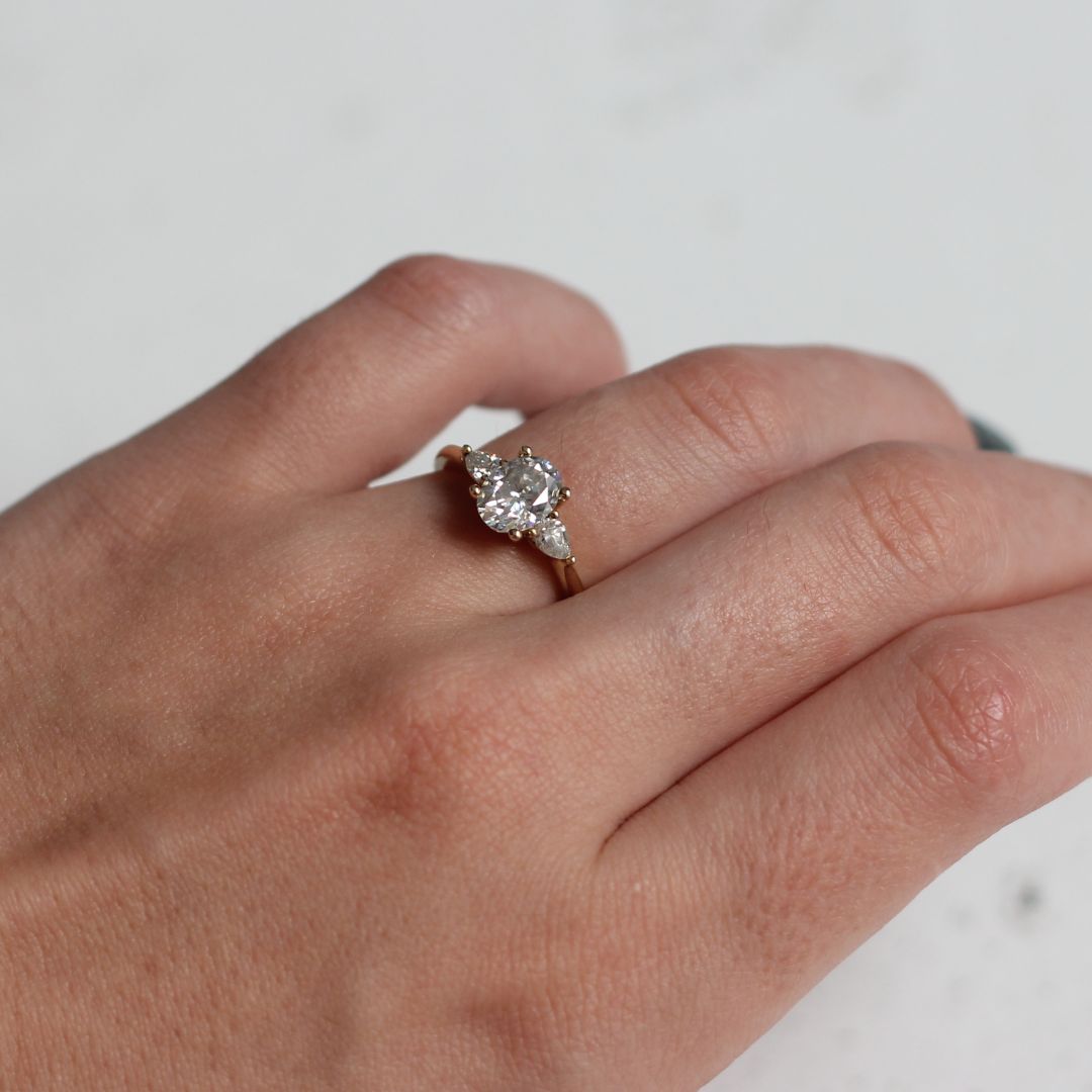 14k Yellow Oval Moissanite Three Stone Engagement Ring