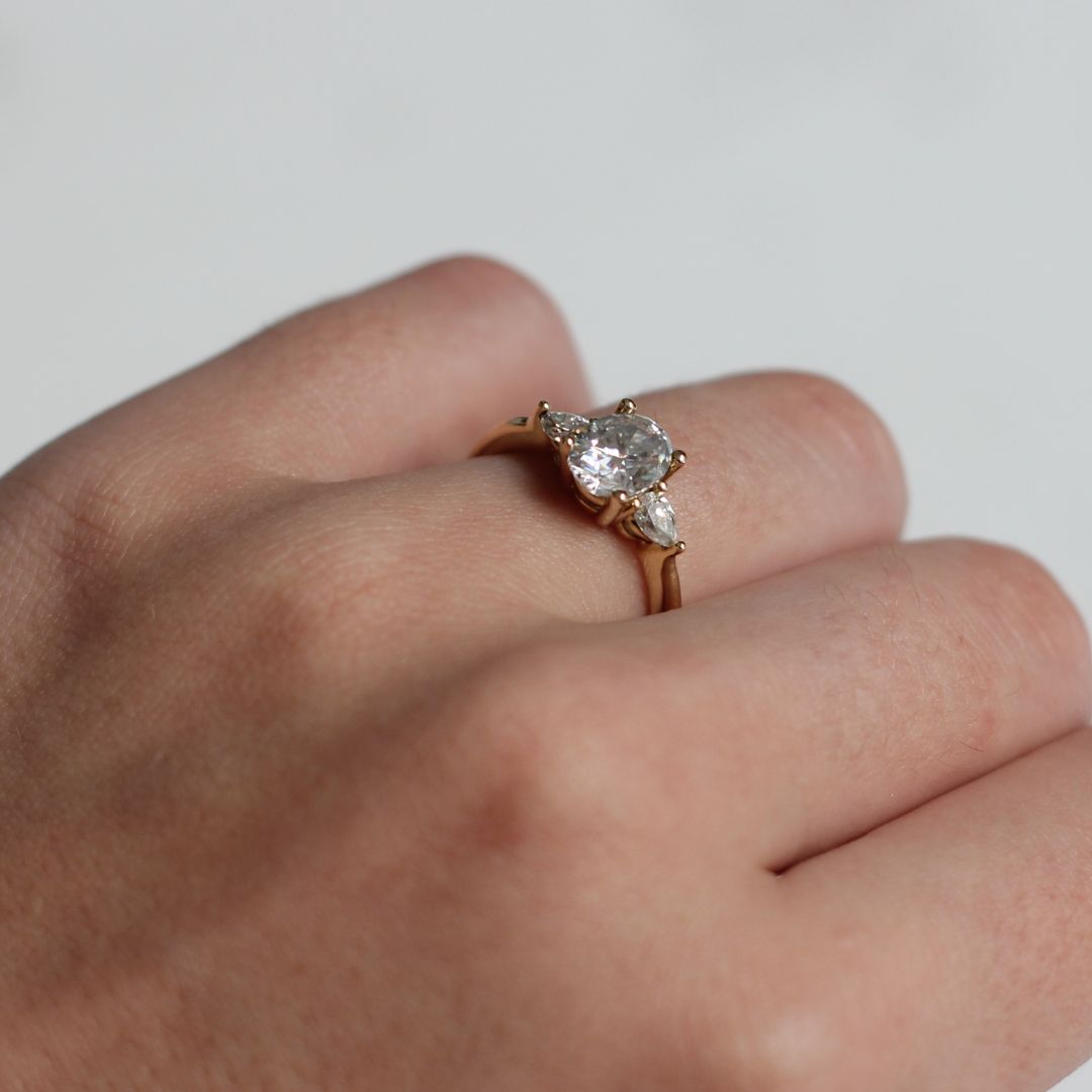 14k Yellow Oval Moissanite Three Stone Engagement Ring