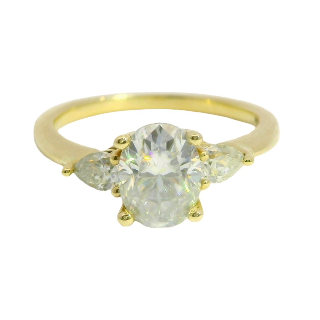 14k Yellow Oval Moissanite Three Stone Engagement Ring