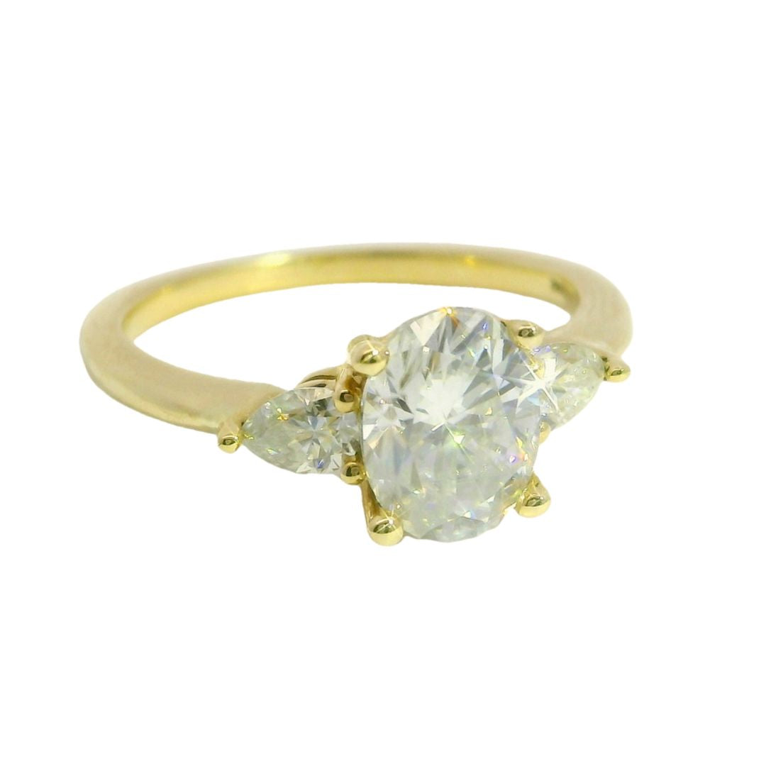 14k Yellow Oval Moissanite Three Stone Engagement Ring