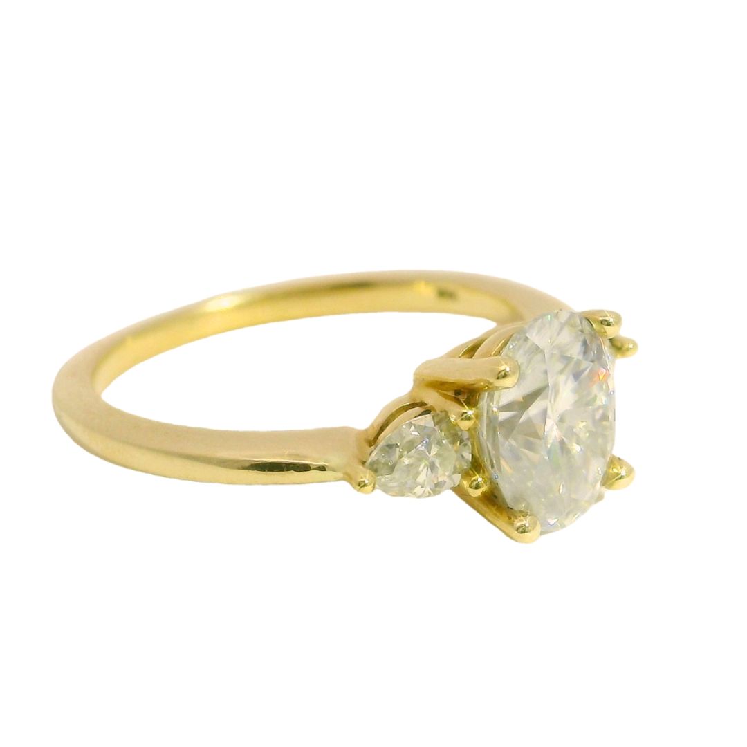 14k Yellow Oval Moissanite Three Stone Engagement Ring