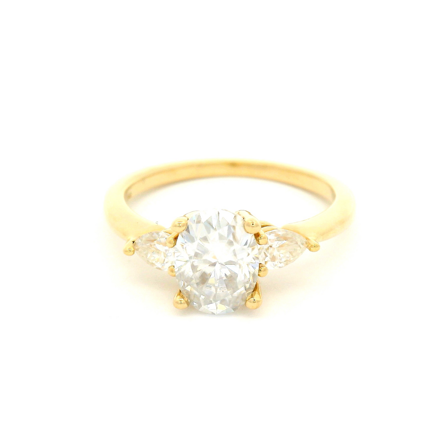 14k Yellow Oval Moissanite Three Stone Engagement Ring