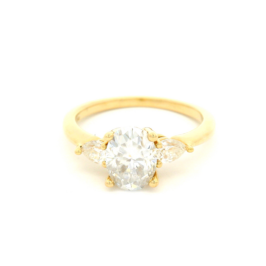 14k Yellow Oval Moissanite Three Stone Engagement Ring