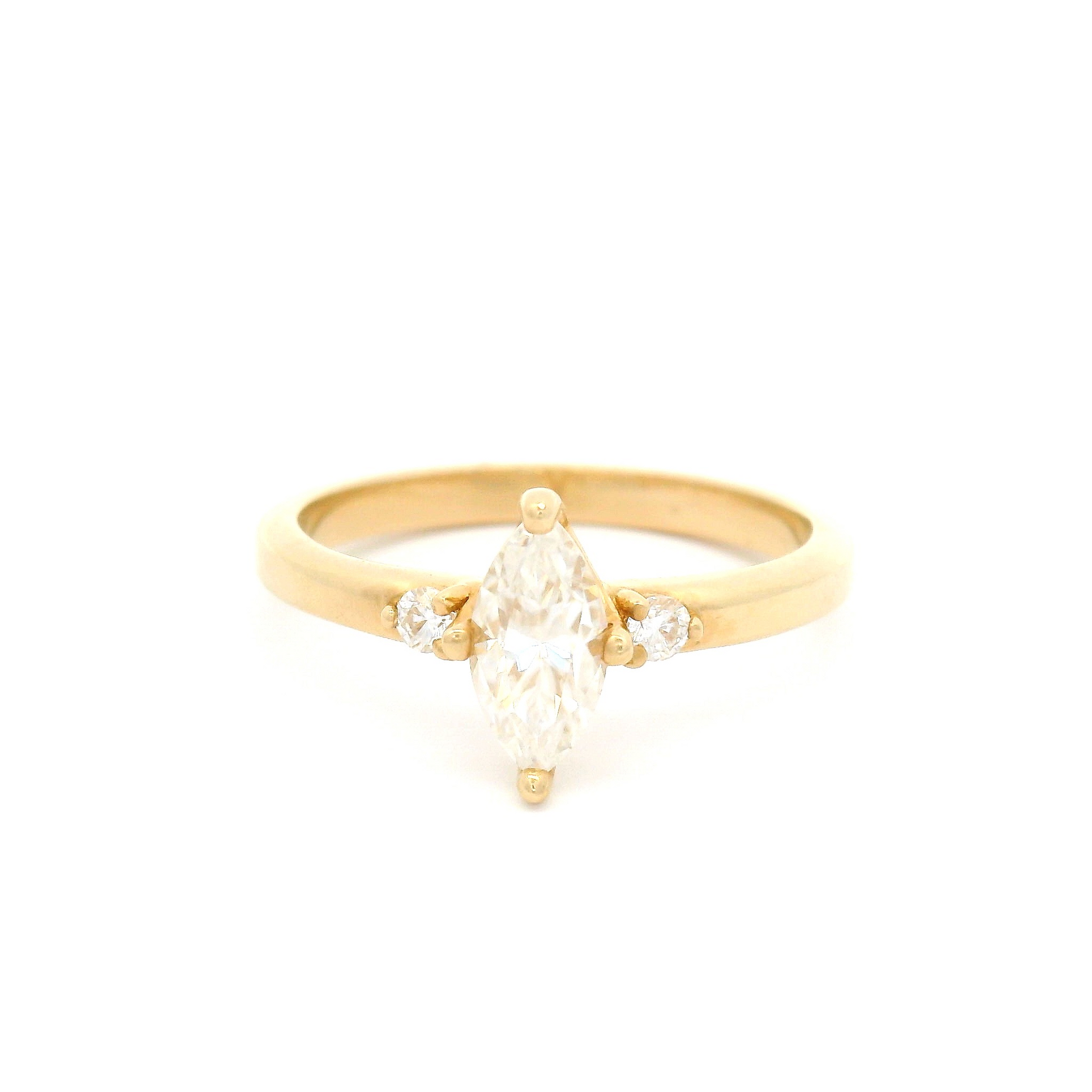14k Yellow Gold Three Stone with Marquise Moissanite and Accent Diamonds Engagement Ring