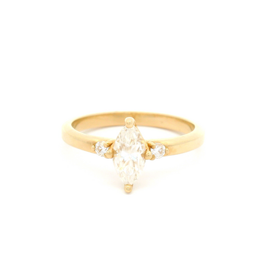 14k Yellow Gold Three Stone with Marquise Moissanite and Accent Diamonds Engagement Ring