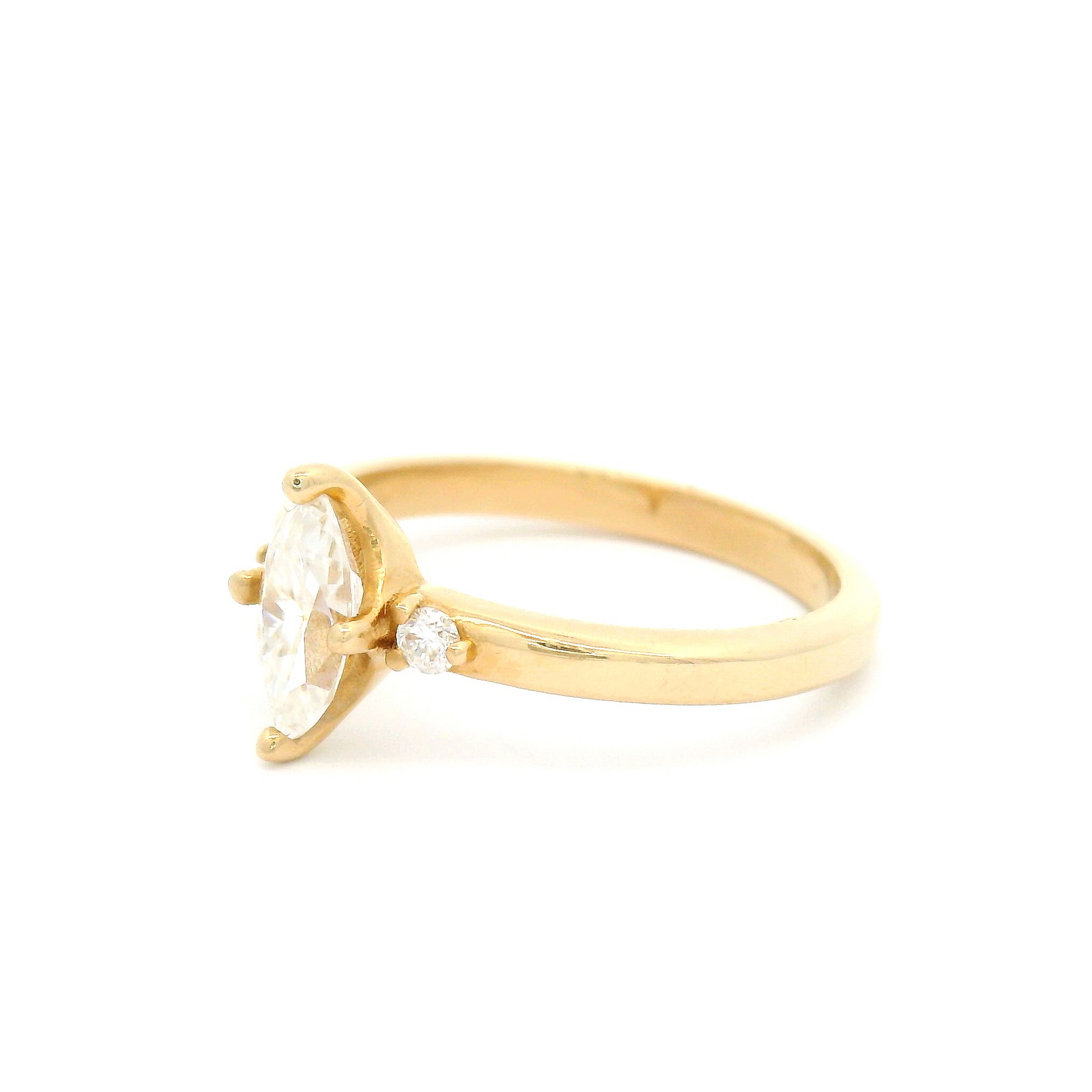 14k Yellow Gold Three Stone with Marquise Moissanite and Accent Diamonds Engagement Ring