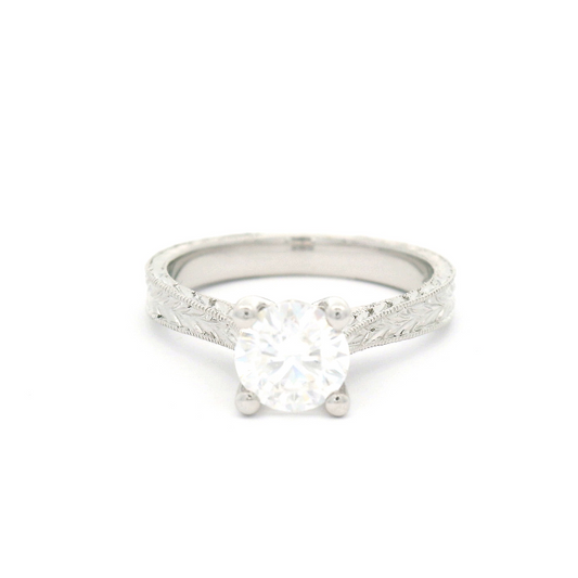 14k White Hand Engraved 6mm Round Moissanite Solitaire