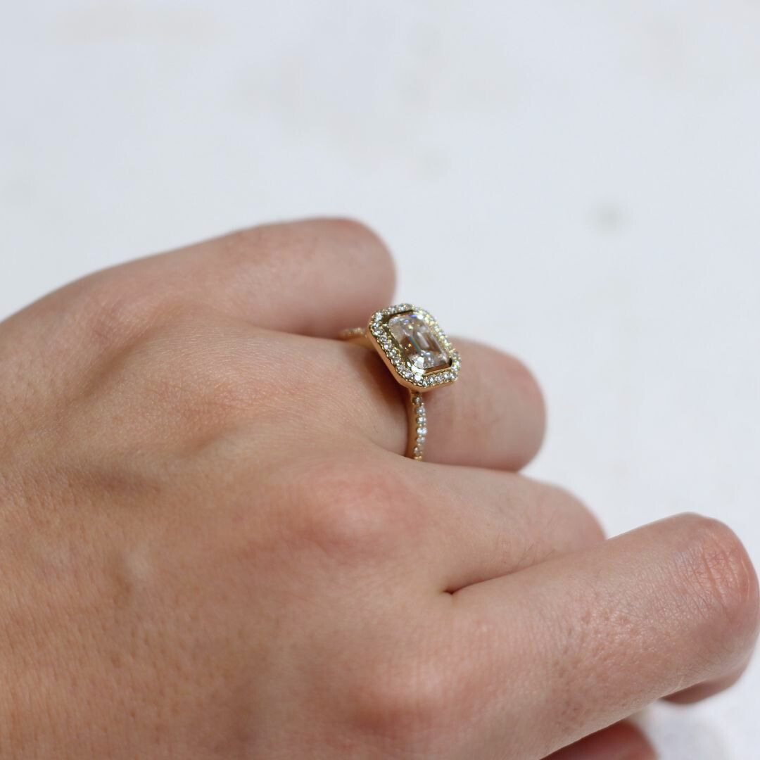 14k Yellow Moissanite Emerald Cut East-West Halo Engagement Ring