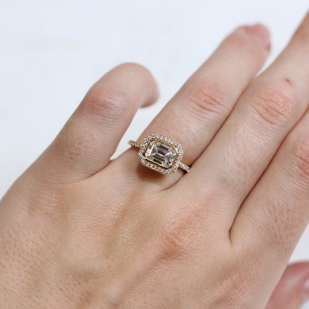 14k Yellow Moissanite Emerald Cut East-West Halo Engagement Ring