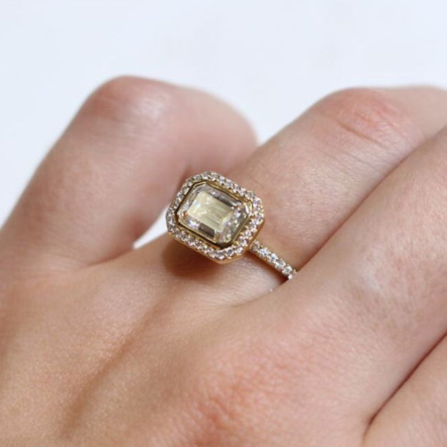 14k Yellow Moissanite Emerald Cut East-West Halo Engagement Ring