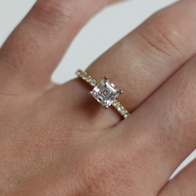 14k Yellow and White Asscher-Cut Moissanite Engagement Ring with Accent Diamonds