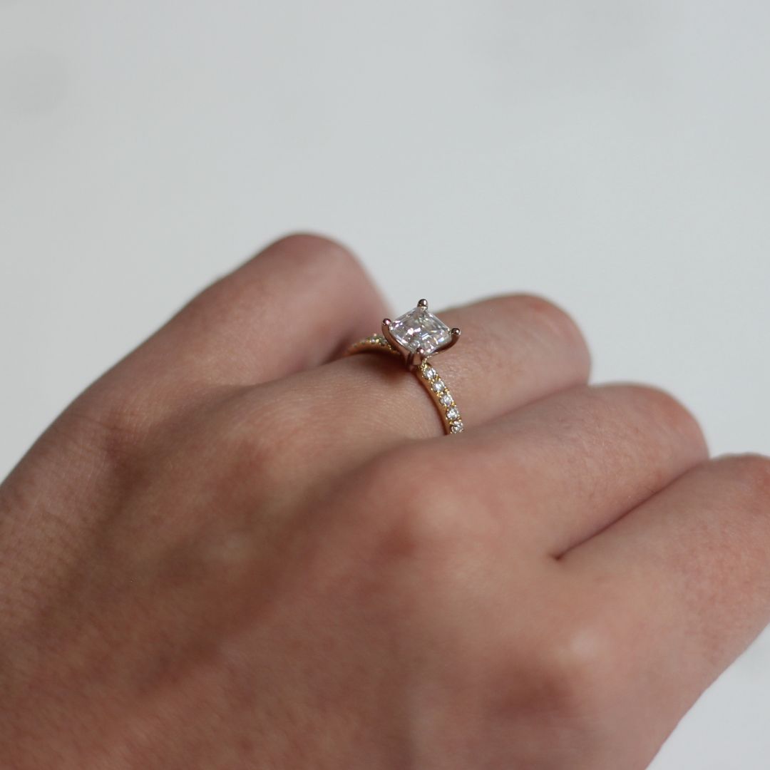 14k Yellow and White Asscher-Cut Moissanite Engagement Ring with Accent Diamonds