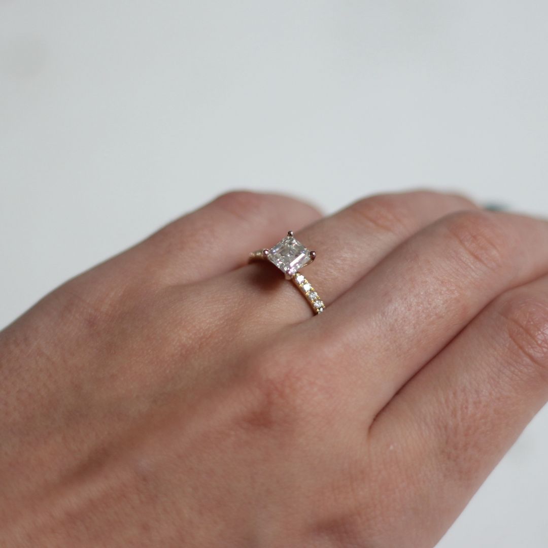 14k Yellow and White Asscher-Cut Moissanite Engagement Ring with Accent Diamonds