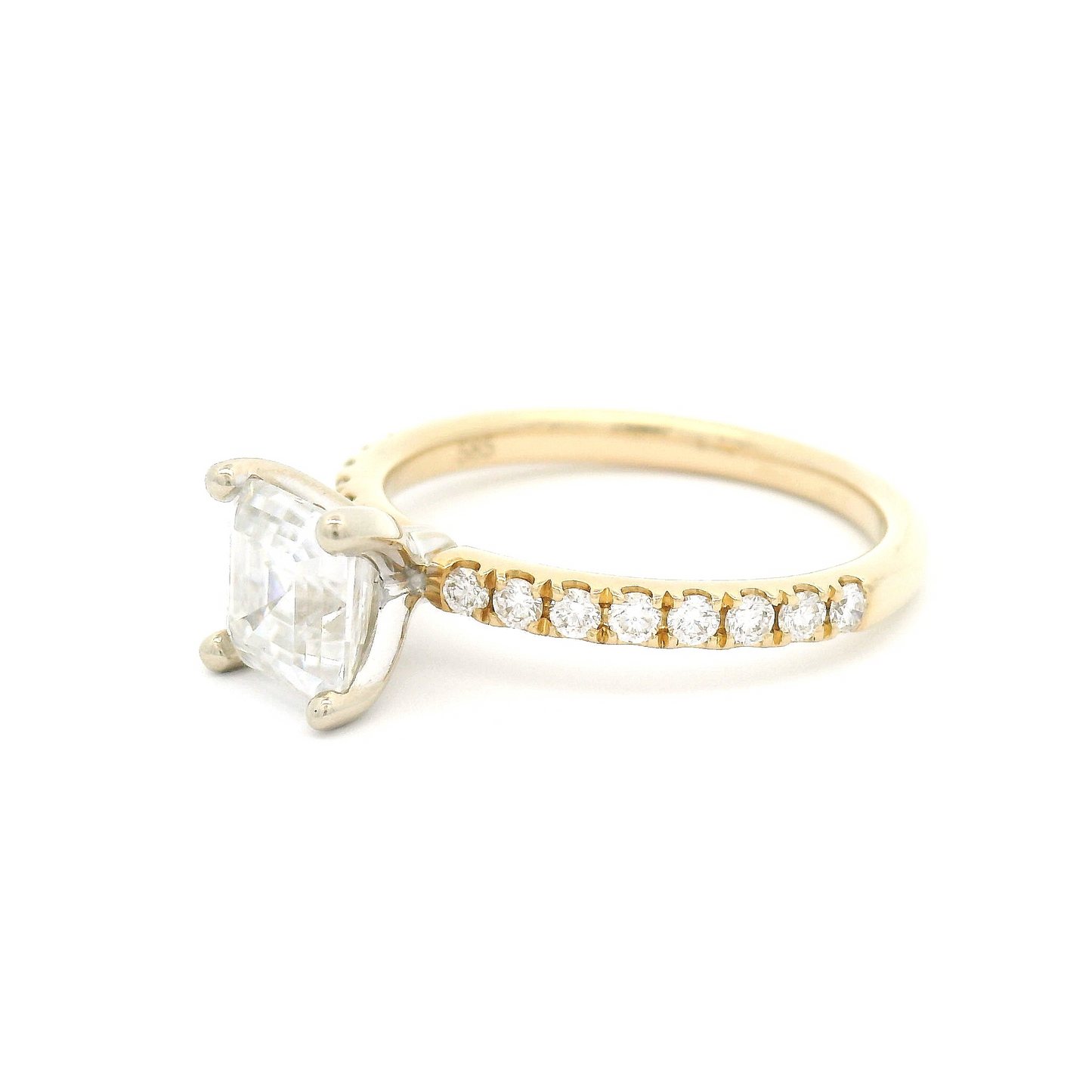 14k Yellow and White Asscher-Cut Moissanite Engagement Ring with Accent Diamonds