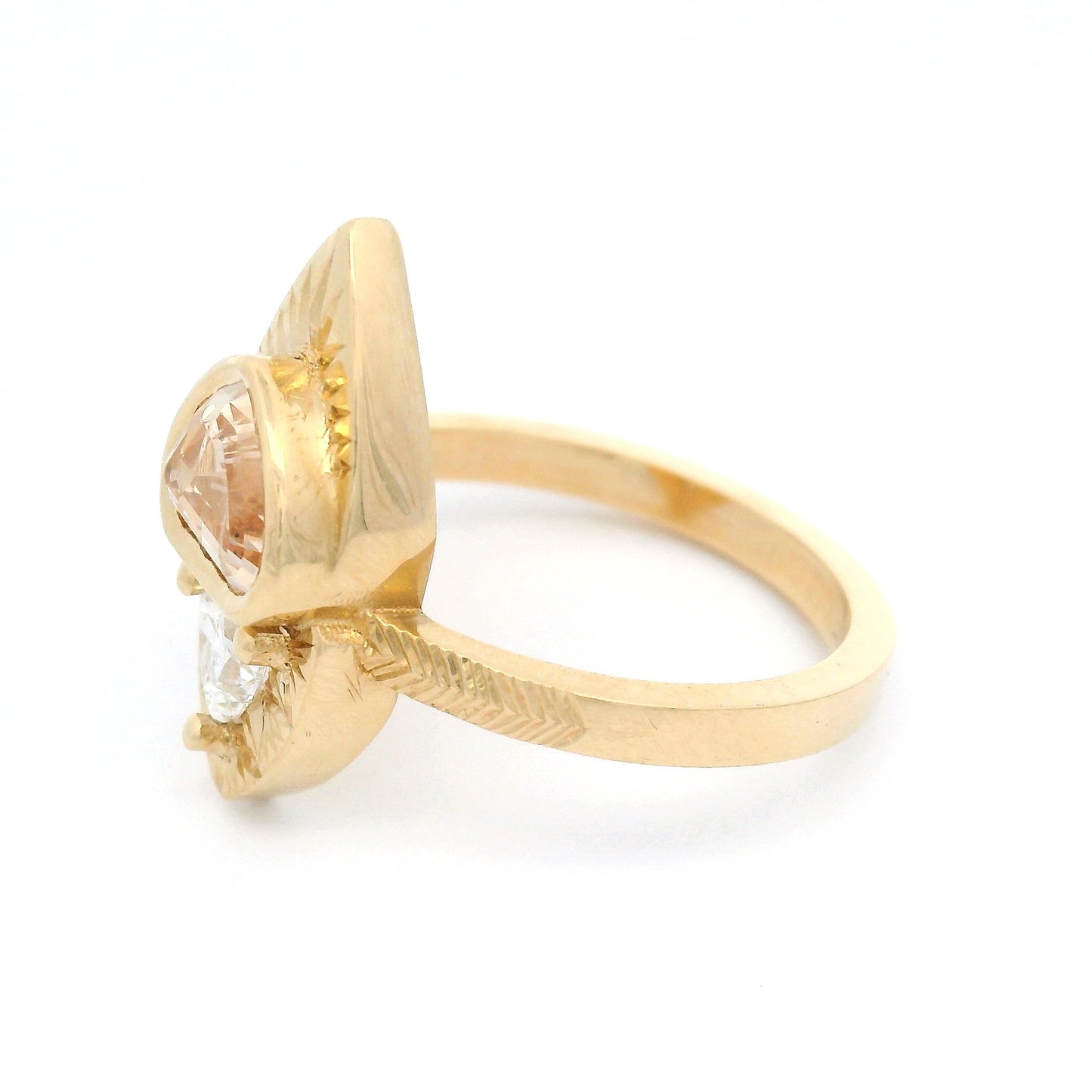 14k Yellow Natural 1.15ct Peach Sapphire Ring with Accent Lab-Grown Trilliant Diamond