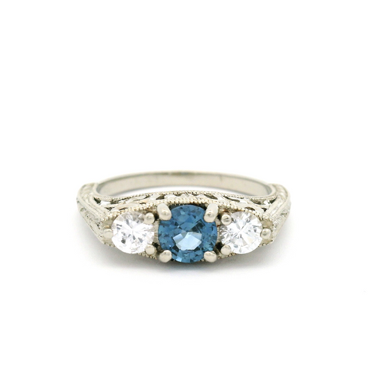 10k White Hand-Engraved Blue and White Sapphire Ring