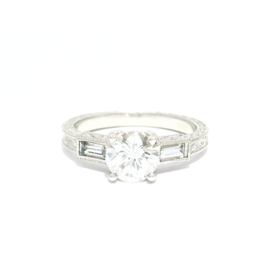 14k White Hand-Engraved Engagement Ring with White Sapphires