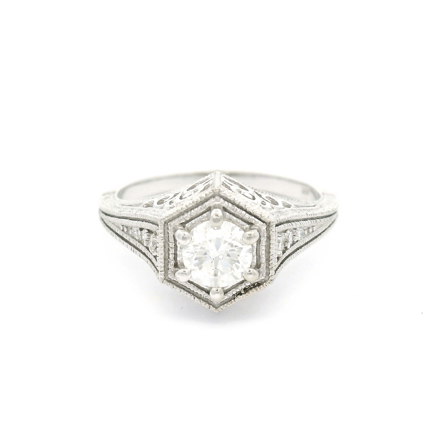 14k White Hand Engraved Ring set with 0.46ct Diamond and Accent Diamonds