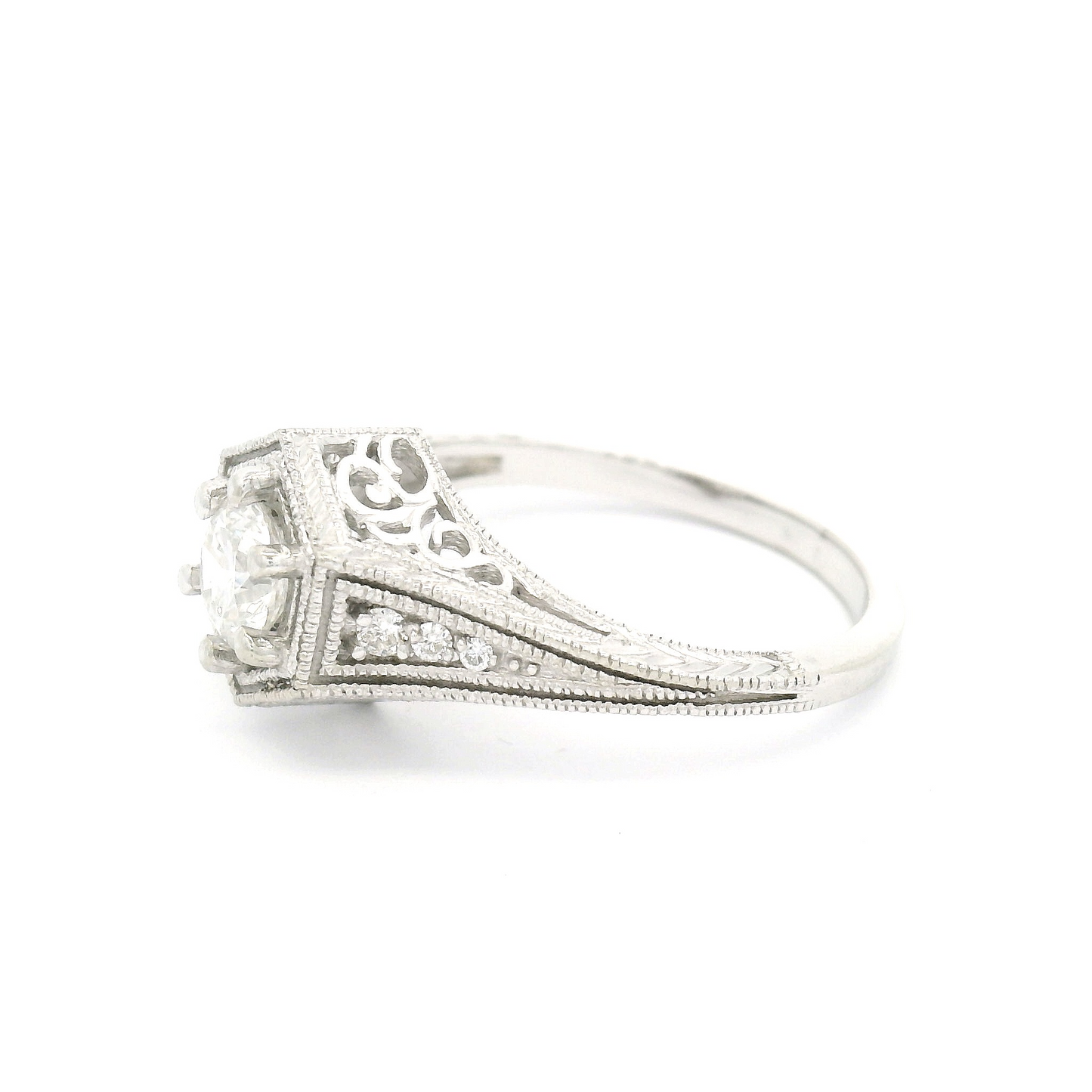 14k White Hand Engraved Ring set with 0.46ct Diamond and Accent Diamonds