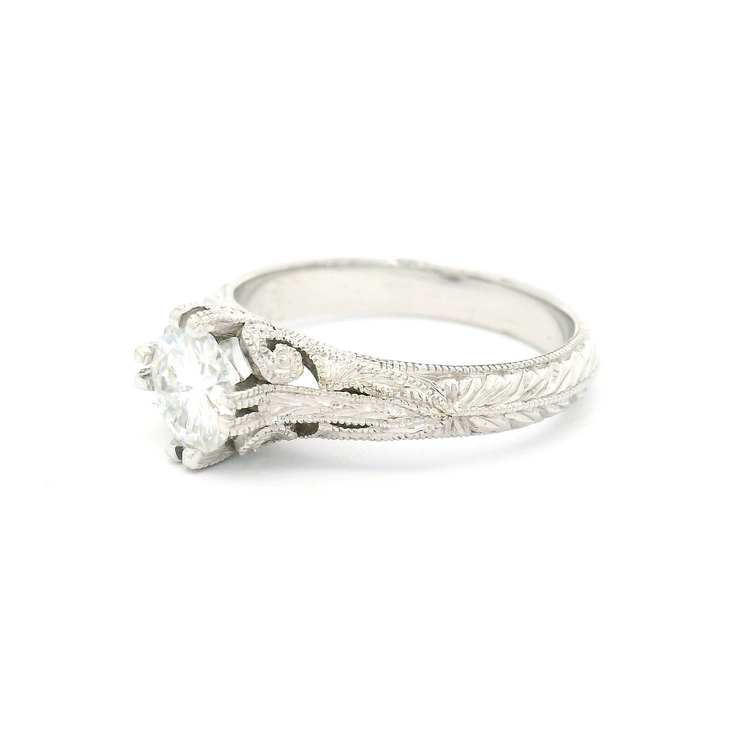 14k White Hand Engraved Moissanite Floral Solitaire