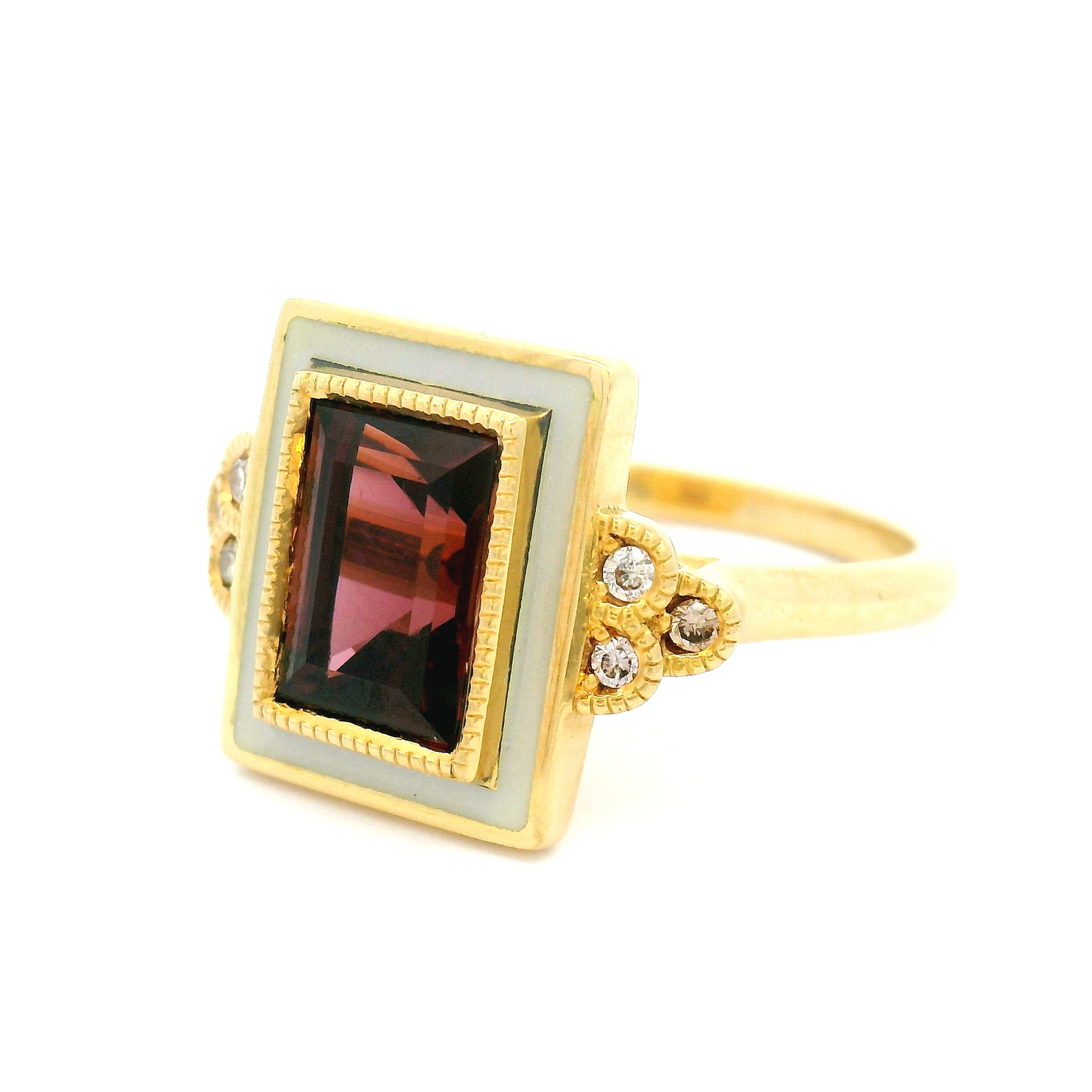 18k Yellow Enameled Engagement Ring with 2.52ct Raspberry Spinel and Accent Diamonds