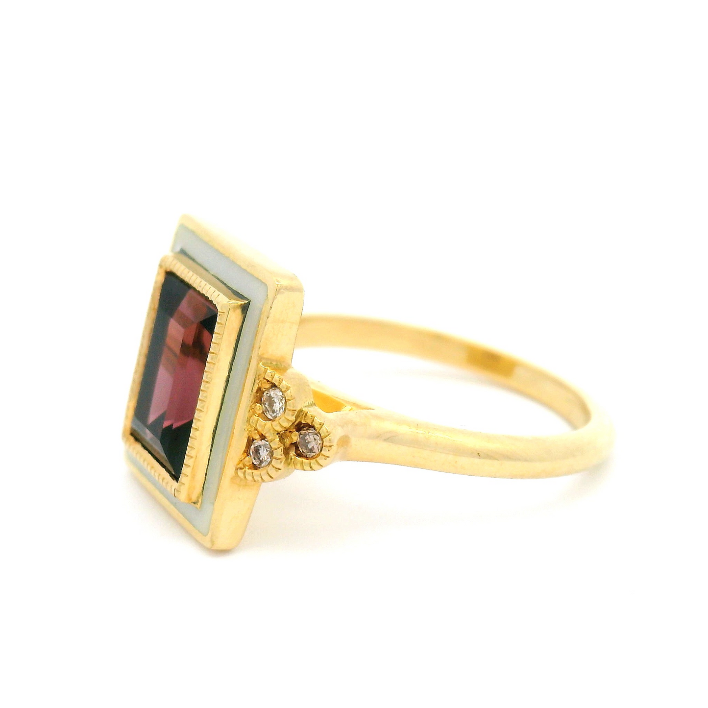 18k Yellow Enameled Engagement Ring with 2.52ct Raspberry Spinel and Accent Diamonds