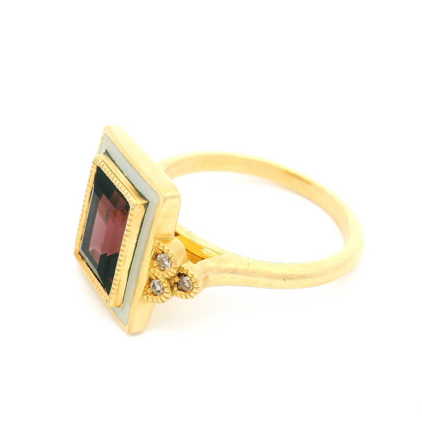 18k Yellow Enameled Engagement Ring with 2.52ct Raspberry Spinel and Accent Diamonds