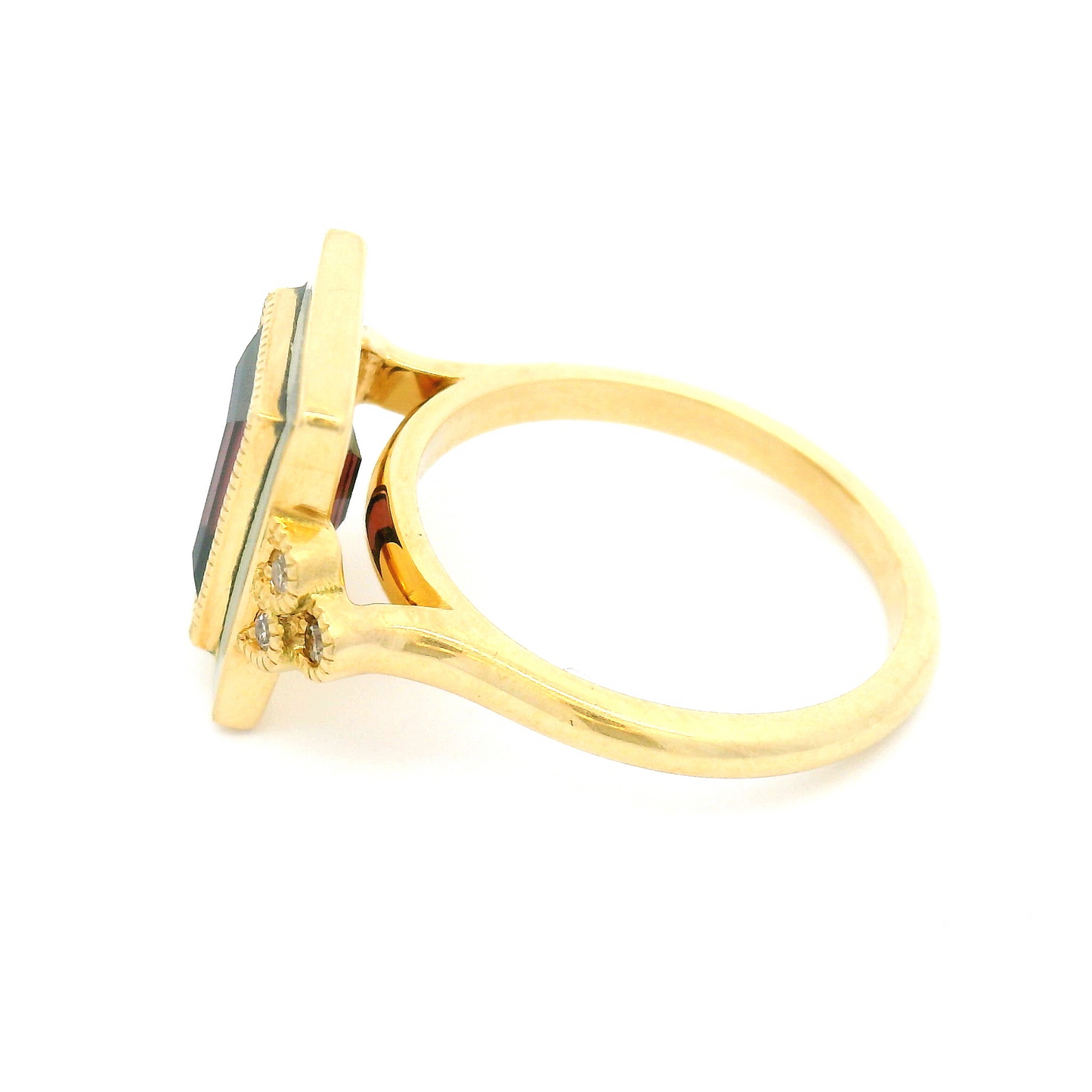 18k Yellow Enameled Engagement Ring with 2.52ct Raspberry Spinel and Accent Diamonds
