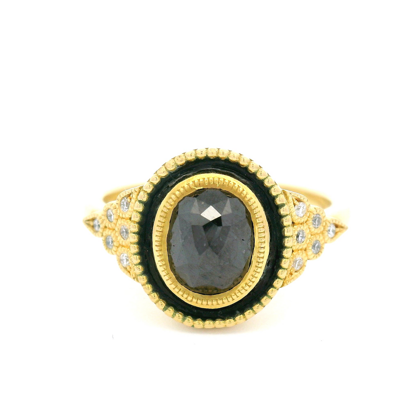 18k Yellow Enameled Ring with 1.42ct Black Rose-Cut Diamond and Accent Diamonds
