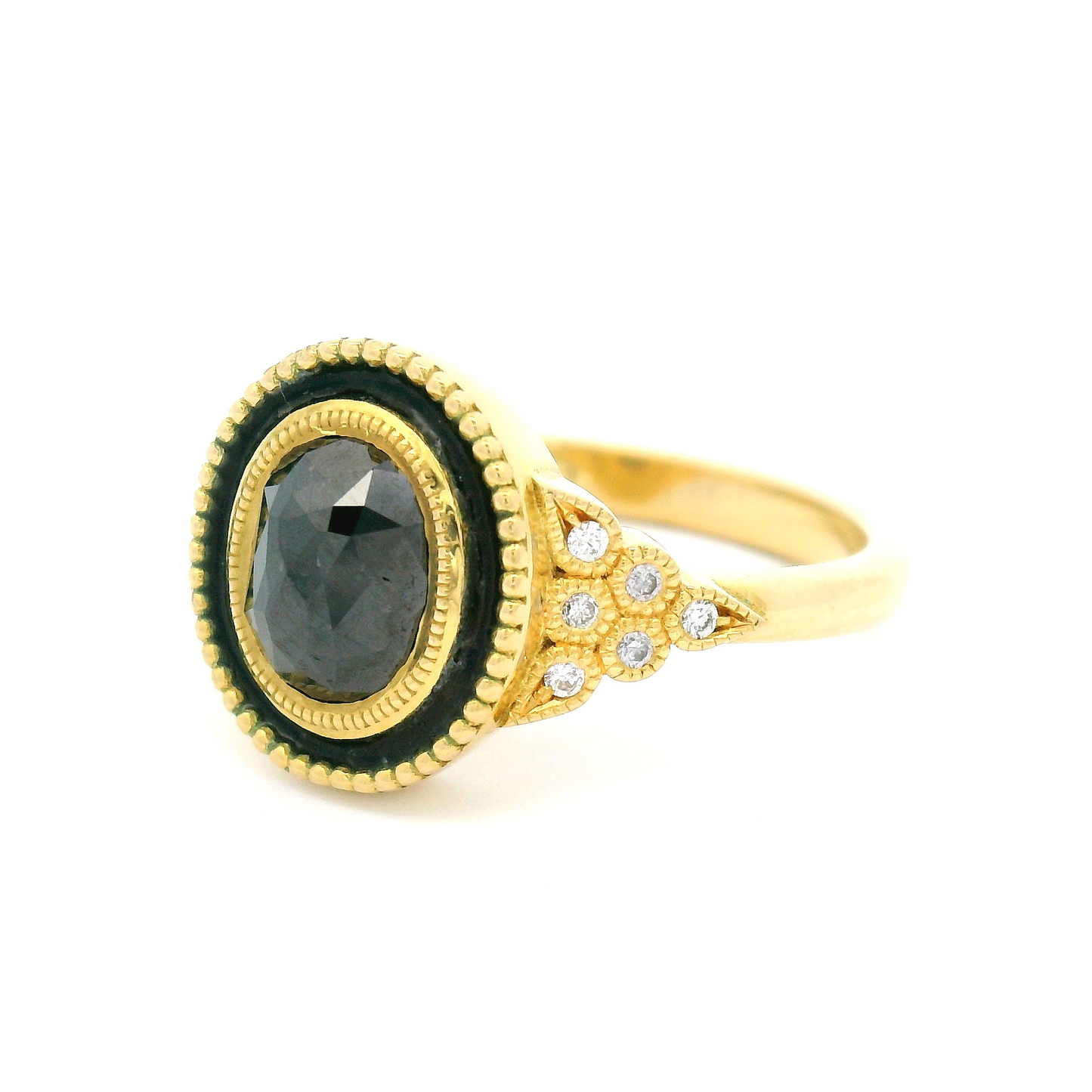 18k Yellow Enameled Ring with 1.42ct Black Rose-Cut Diamond and Accent Diamonds
