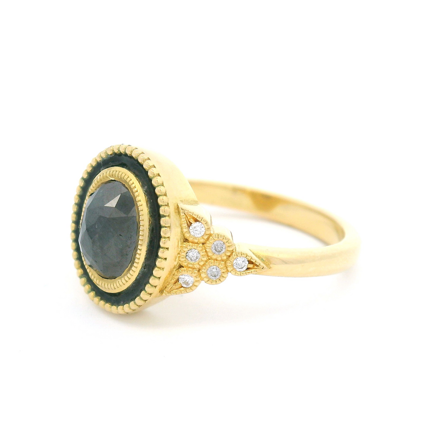 18k Yellow Enameled Ring with 1.42ct Black Rose-Cut Diamond and Accent Diamonds