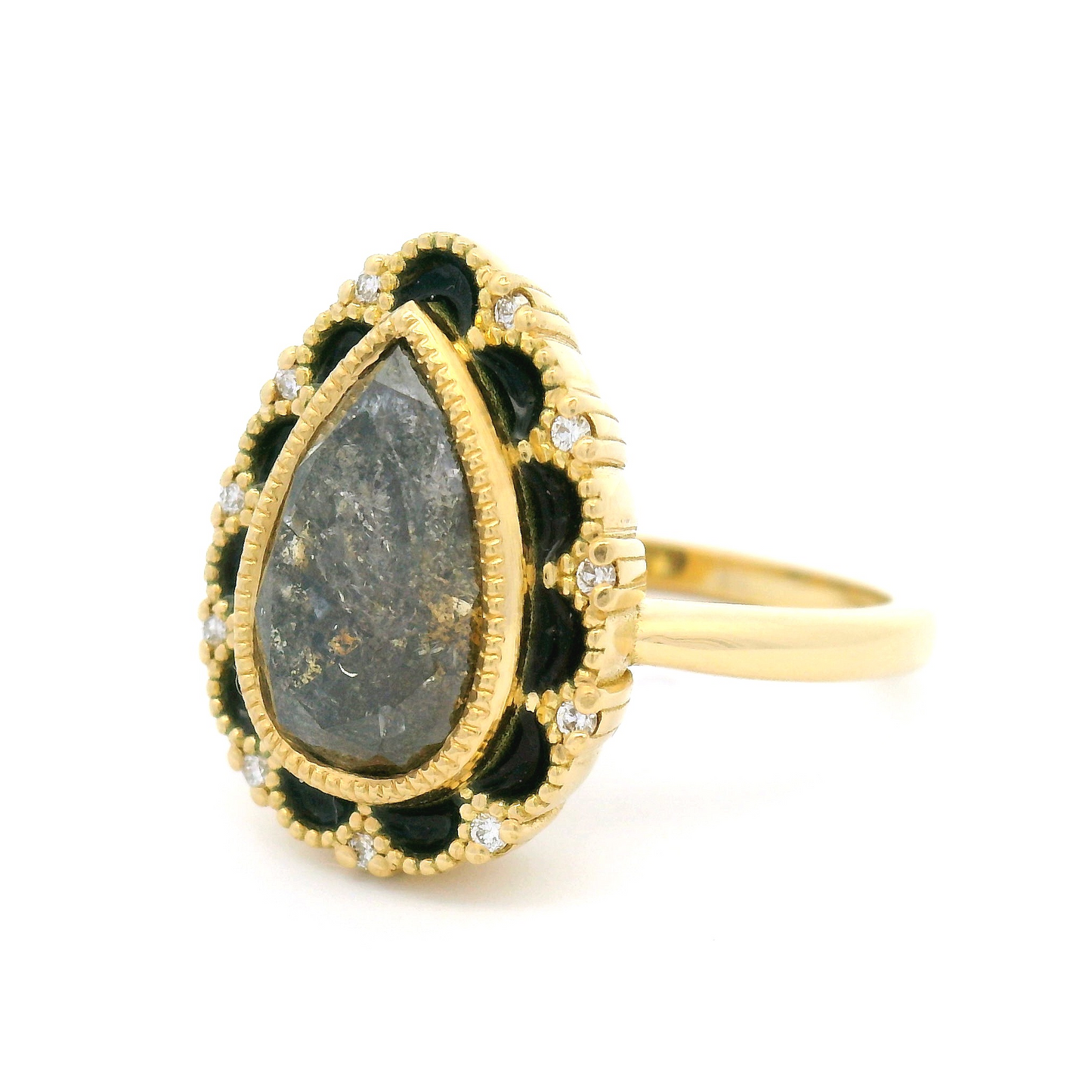 18k Yellow Enameled Ring with 3.22ct Salt & Pepper Diamond and Accent Diamonds