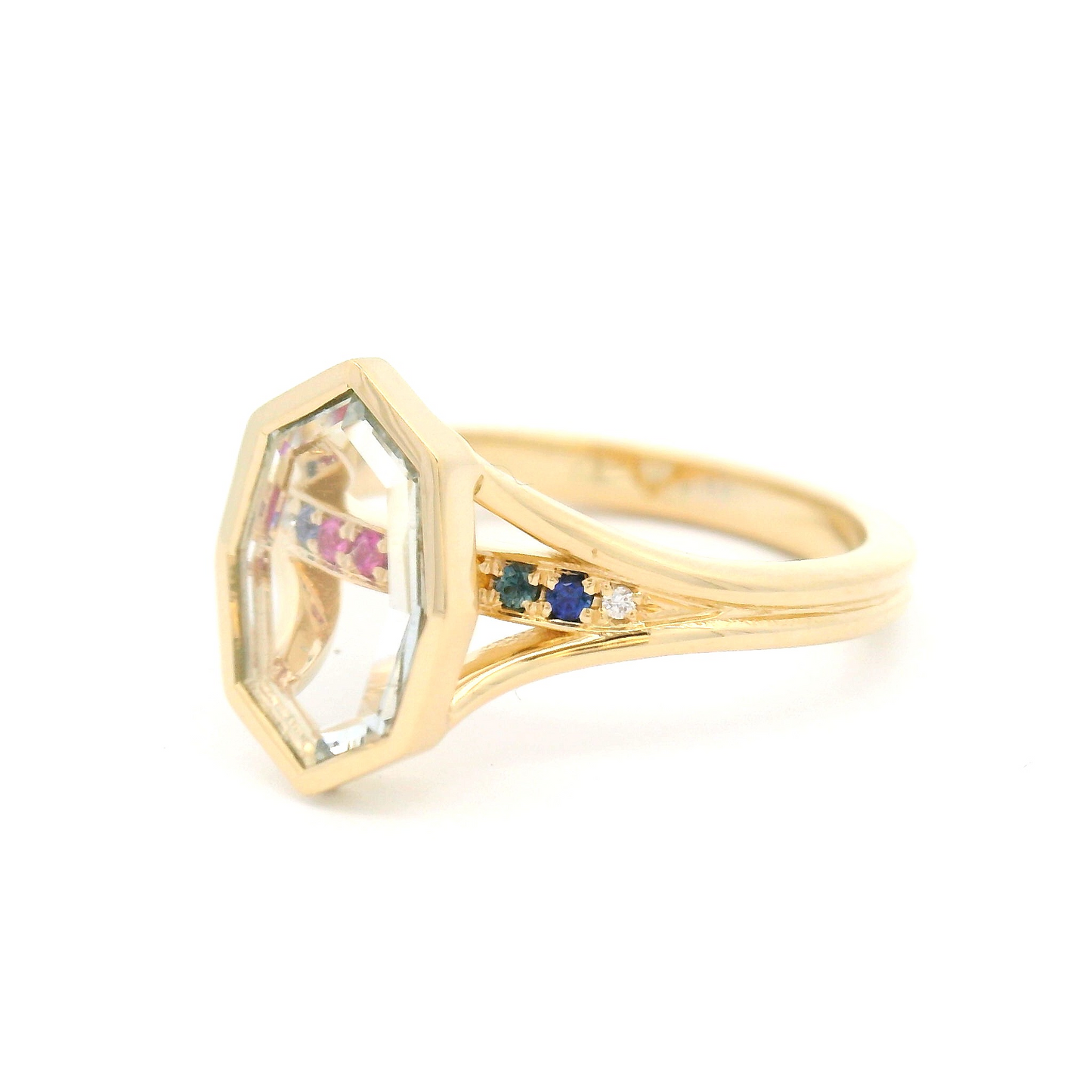 14k Yellow Engagement Ring with 1.07ct Portrait-Cut Sapphire, Accent Diamonds and Sapphires