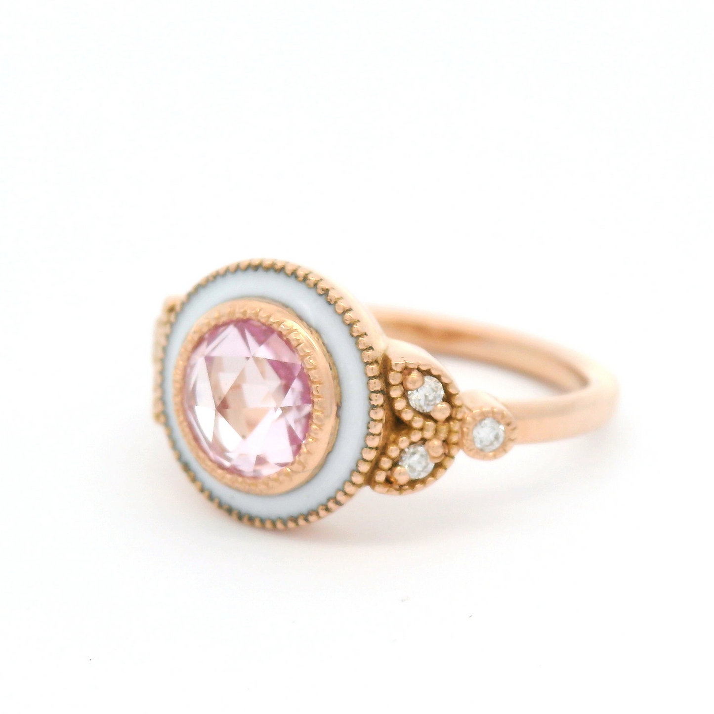 14k Rose Gold Enameled Engagement Ring with 1.36ct Lab-Grown Rose-Cut Pink Sapphire and Accent Diamonds