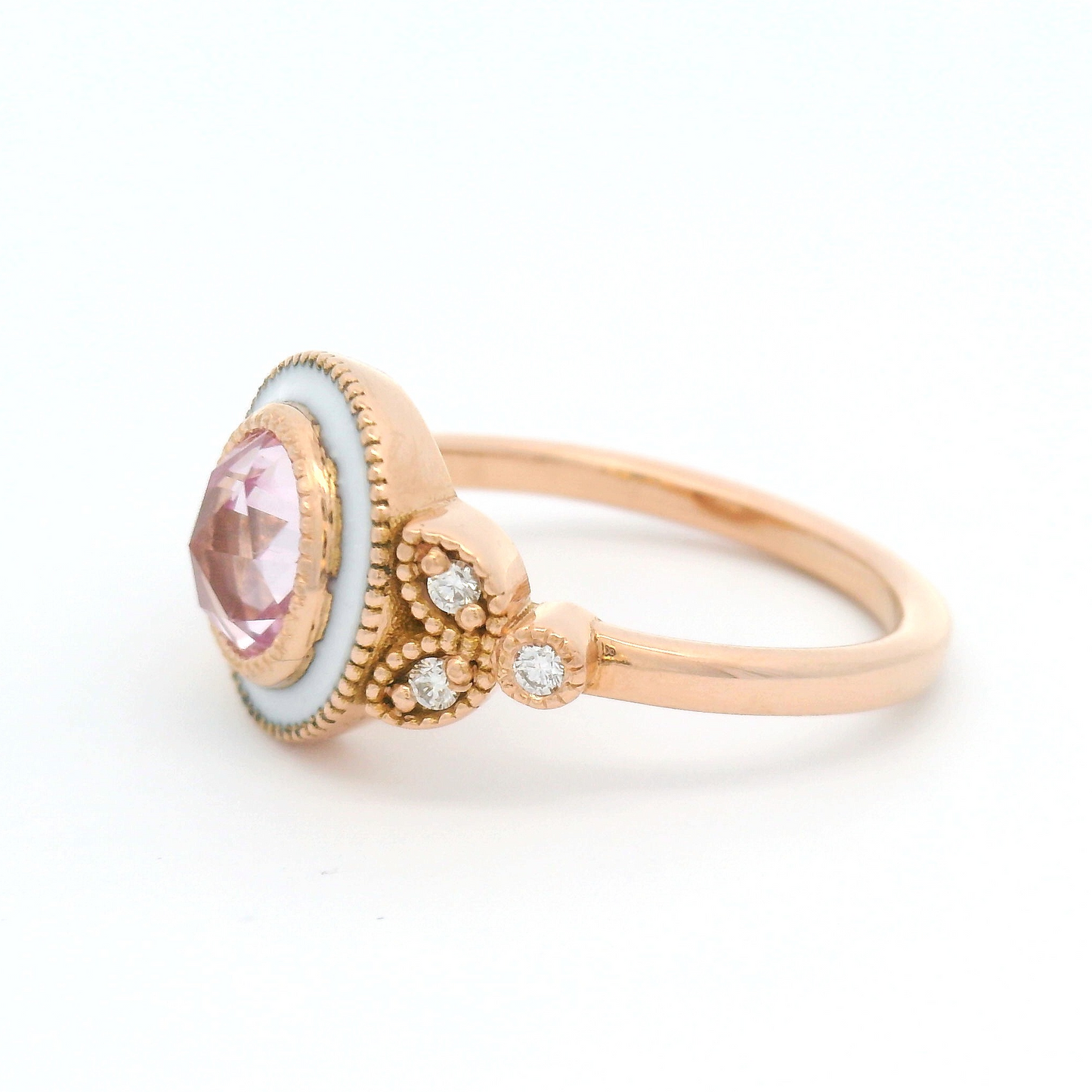 14k Rose Gold Enameled Engagement Ring with 1.36ct Lab-Grown Rose-Cut Pink Sapphire and Accent Diamonds