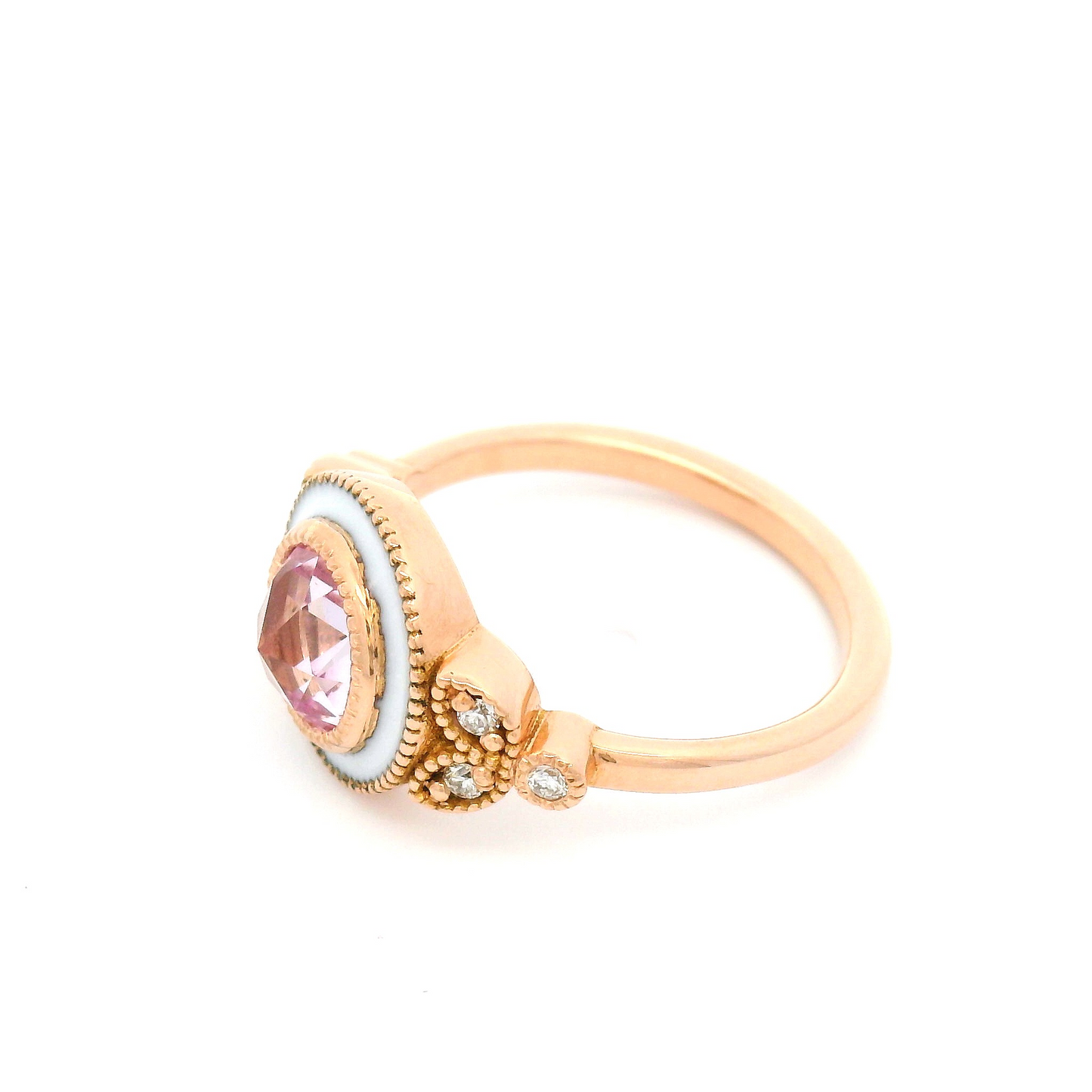14k Rose Gold Enameled Engagement Ring with 1.36ct Lab-Grown Rose-Cut Pink Sapphire and Accent Diamonds