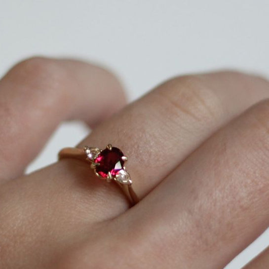 14k Yellow Engagement Ring with 0.70ct Oval Ruby & Pear Shape Diamond Accents