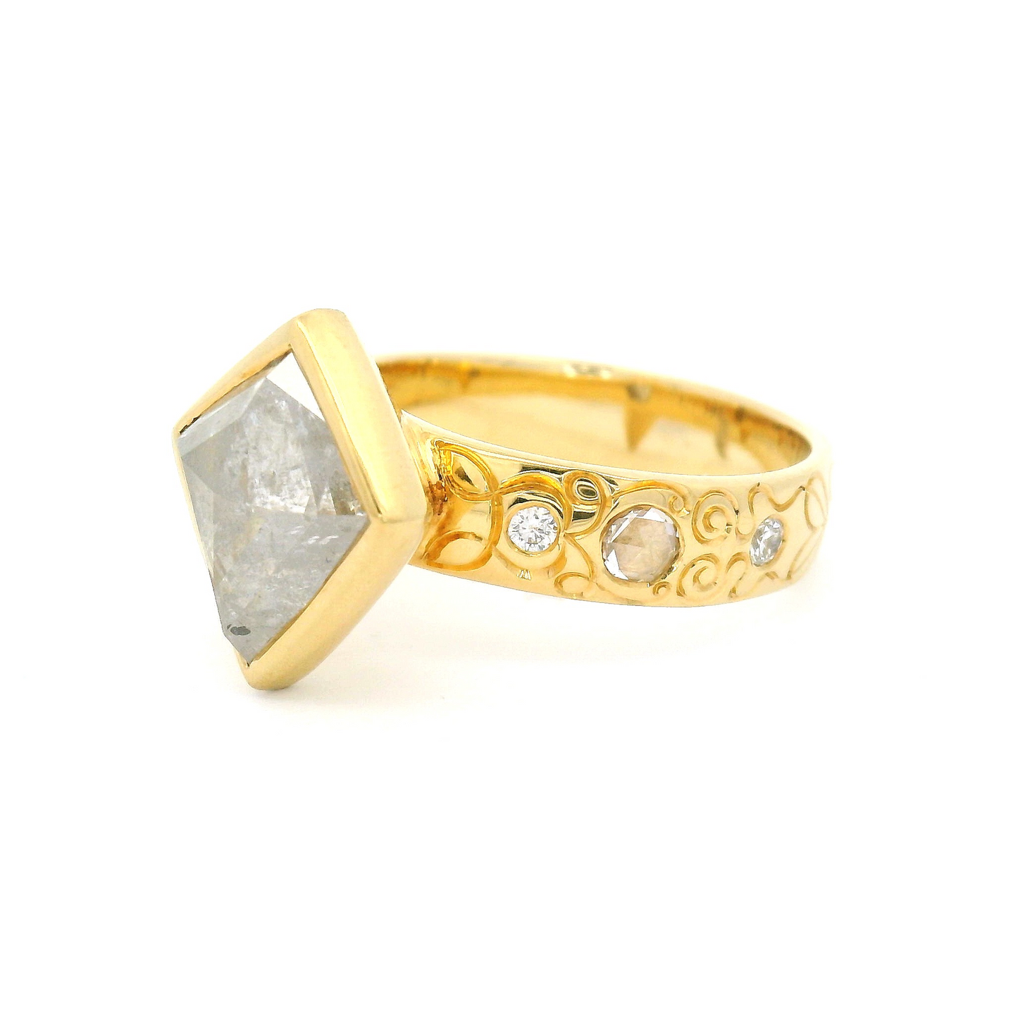18k yellow gold ring with 2.02ct rose cut diamond and accent diamonds. Shown from the side.