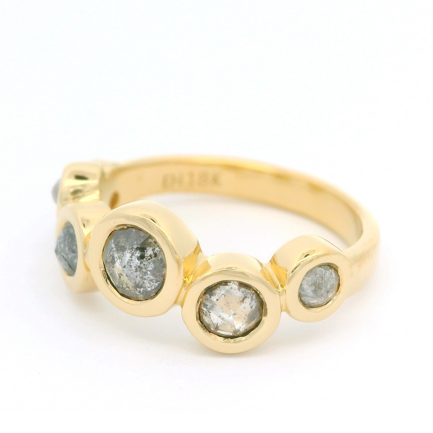 18k yellow gold ring with 1.1 carats of rose cut diamonds. Shown from a different angle.