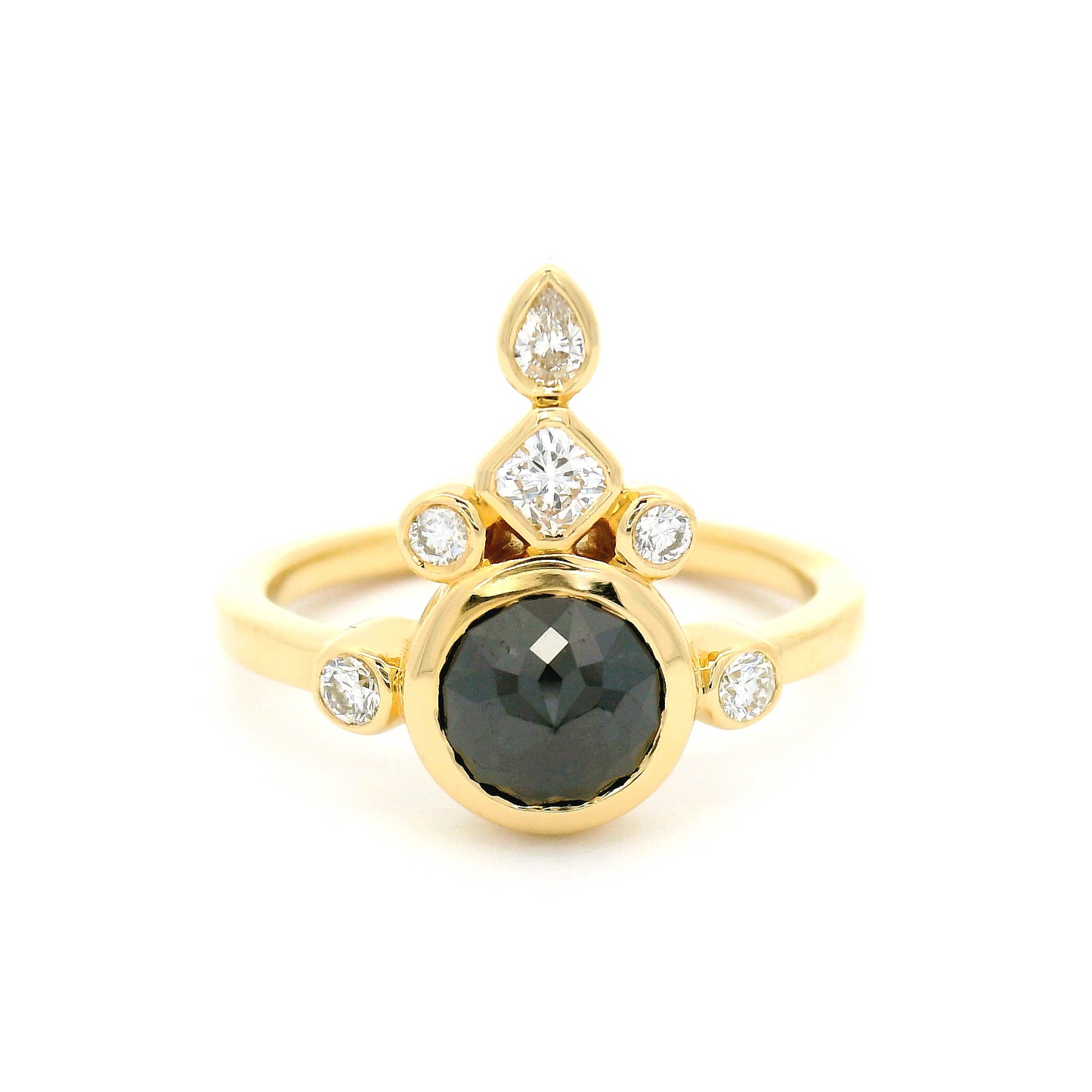 18k yellow ring 1ct black diamond rose cut and fancy shape accent diamonds.