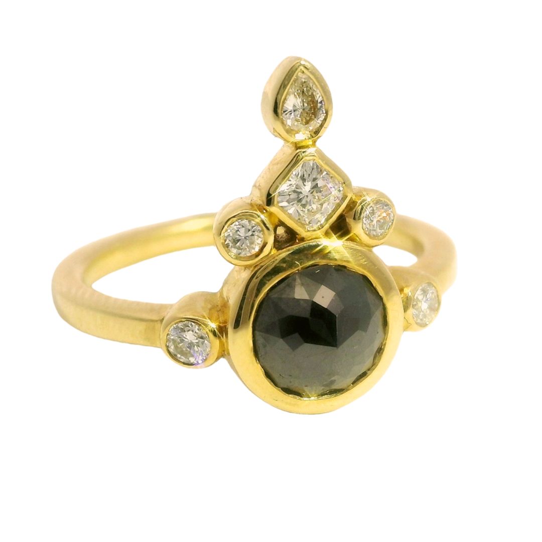18k Yellow Ring with 1ct Black Diamond Rose Cut and Diamond Accents