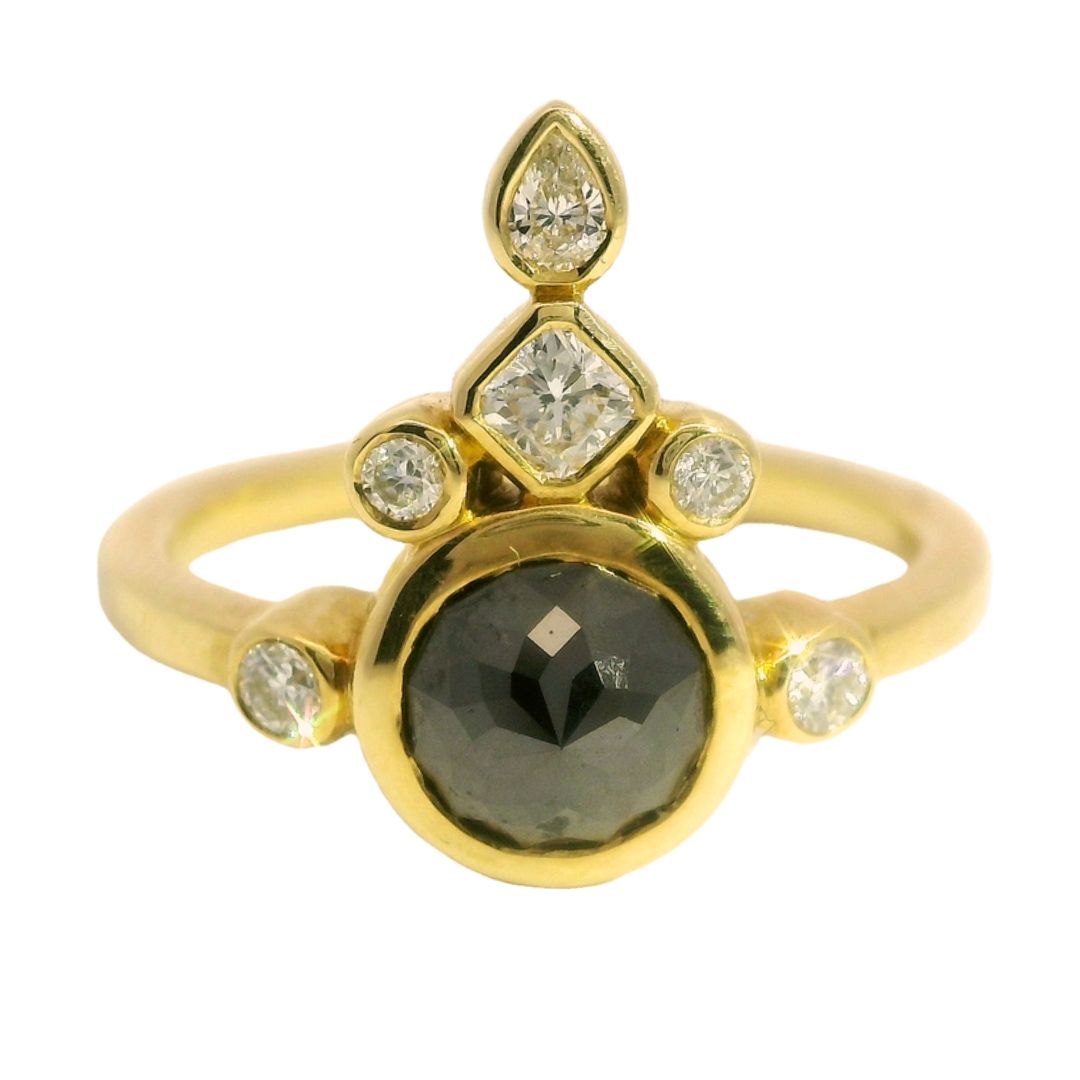 18k Yellow Ring with 1ct Black Diamond Rose Cut and Diamond Accents