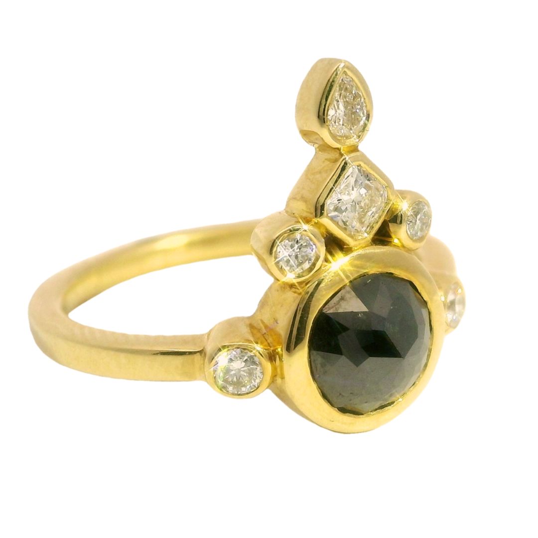 18k Yellow Ring with 1ct Black Diamond Rose Cut and Diamond Accents
