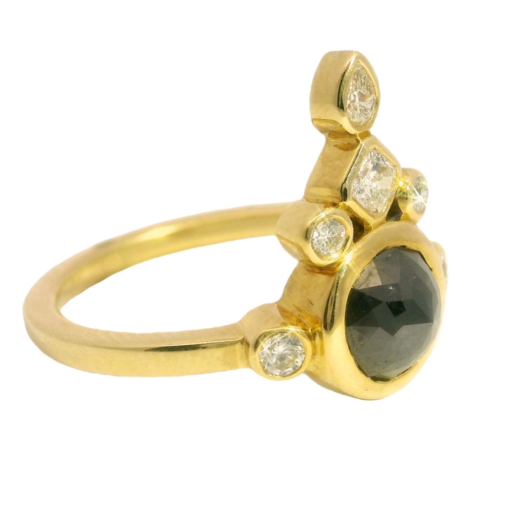 18k Yellow Ring with 1ct Black Diamond Rose Cut and Diamond Accents