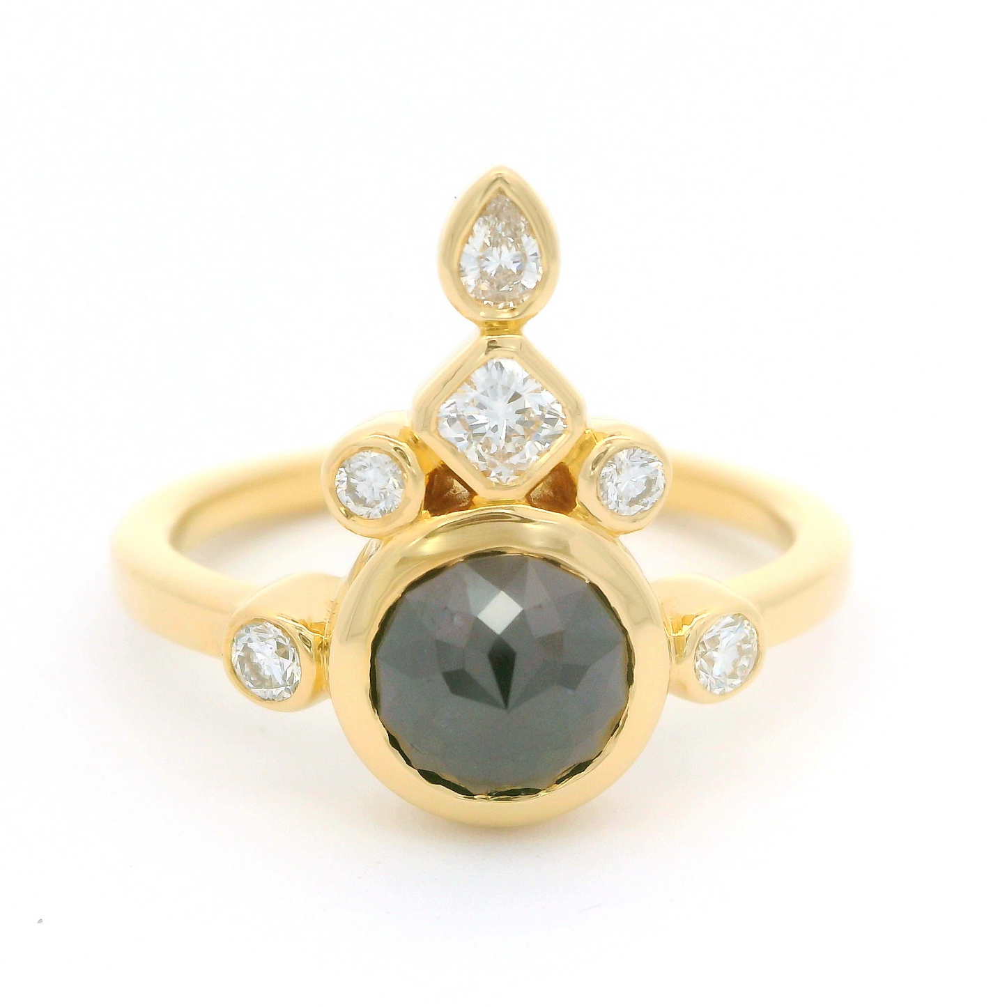 18k yellow ring 1ct black diamond rose cut and fancy shape accent diamonds.