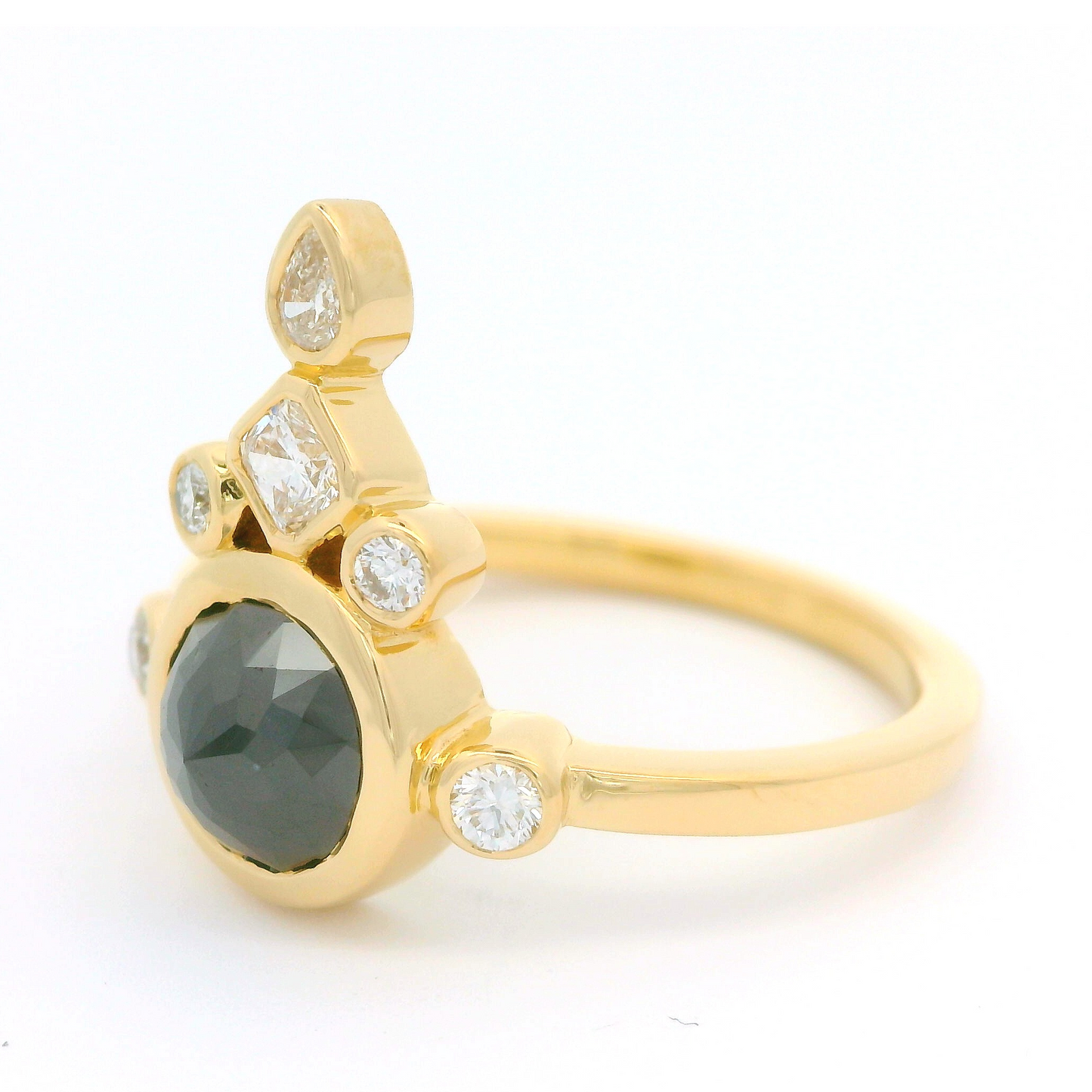 18k yellow ring 1ct black diamond rose cut and fancy shape accent diamonds. Shown from the side.
