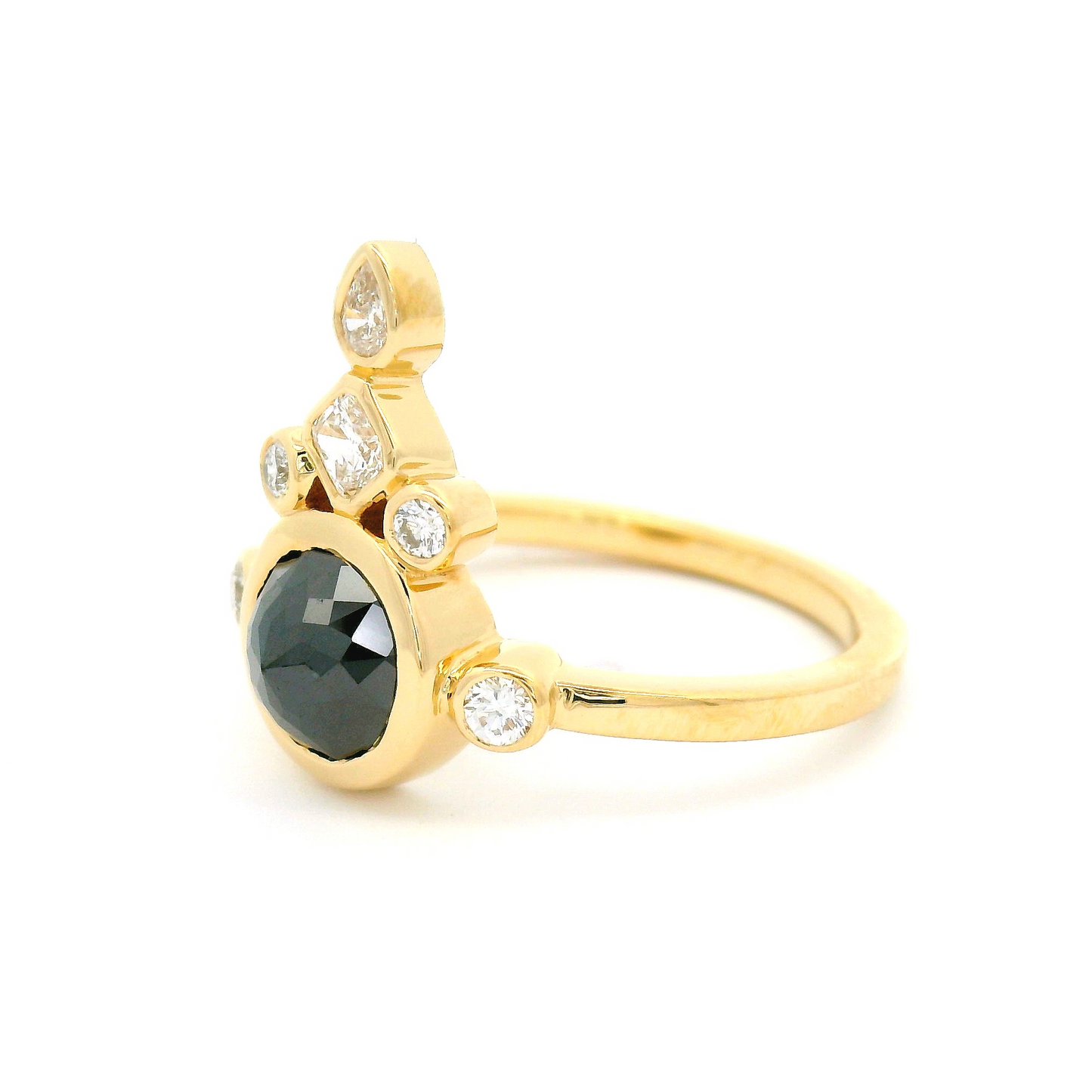 18k yellow ring 1ct black diamond rose cut and fancy shape accent diamonds. From the side.