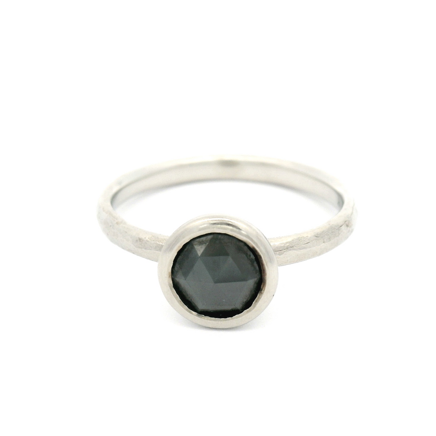 14k White Hammered Finish Solitaire with 1.0ct Rose Cut Black Diamond
